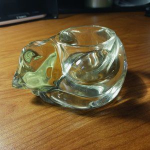 Vintage AVON SLEEPING CAT Clear Glass Votive Tealight Candle Holder 1980 4.5x2.5